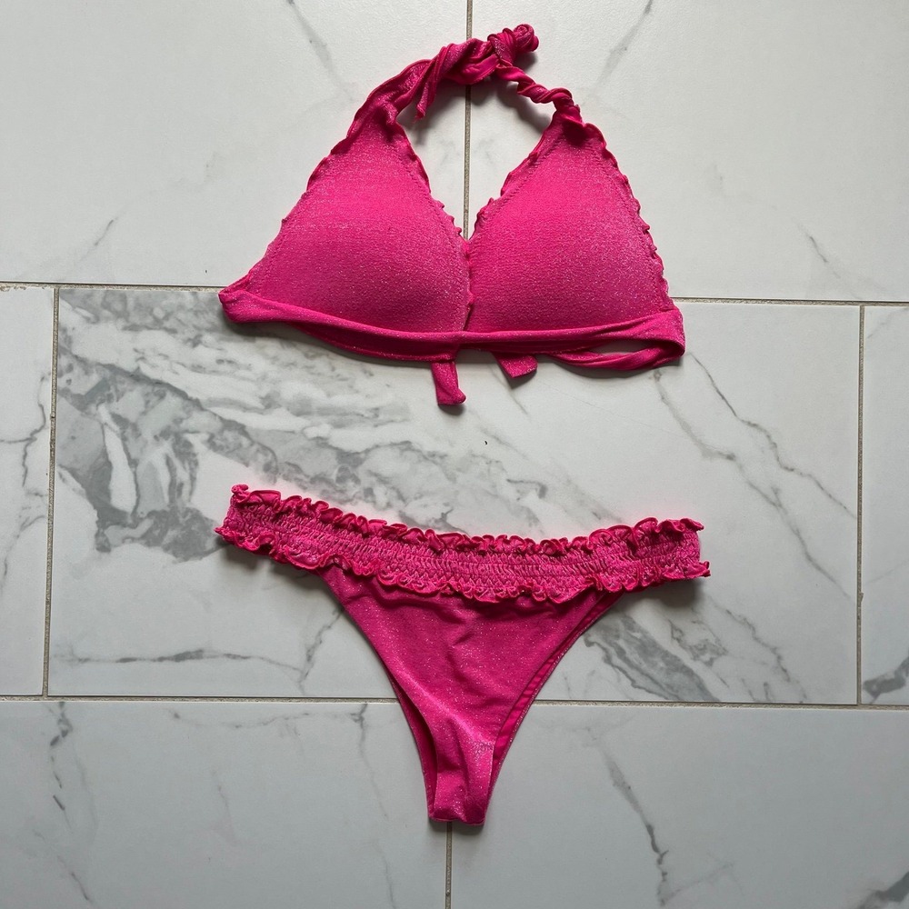 Calzedonia Cobey Women's S/M Triangle Halter Ruffle Bikini Set Pink Metallic